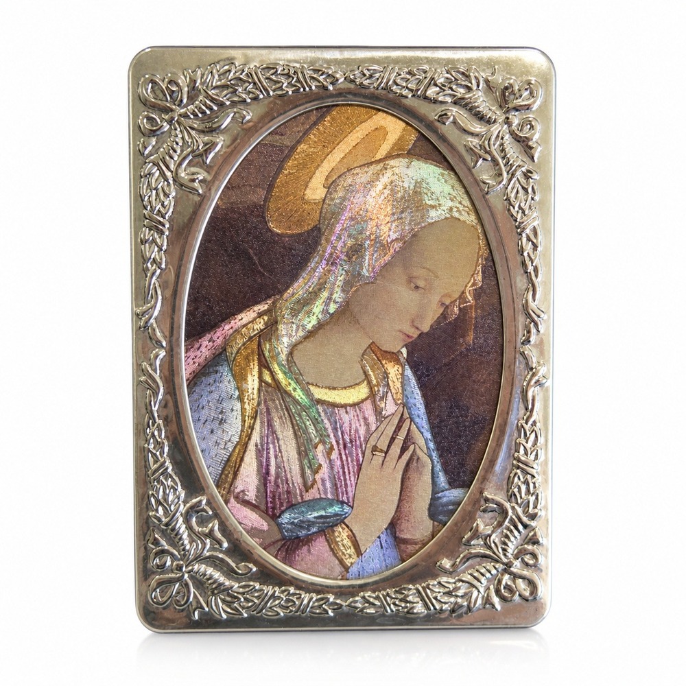 Vintage Religious Mary Framed Art Iridescent Prismatic Silver Plated Ornate